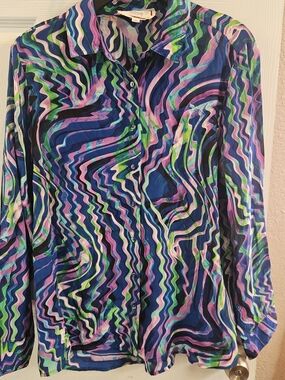 Johnny Was Wavy Abstract Button-Down Shirt - Blue, Pink, Green